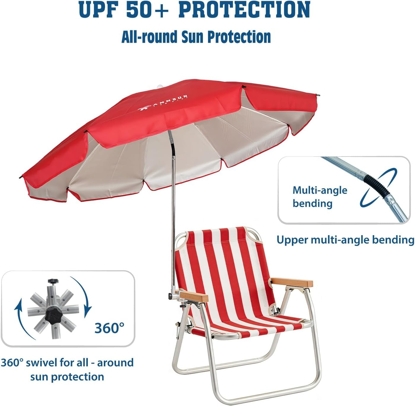 image:imageAMMSUN Chair Umbrella with Universal Clamp Adjustable 47 inches and 360 Swivel amp UPF 50 Protection Portable Sun Umbrella Secure Clip on CampingBeach Chairs Stroller Wheelchair Golf cart Lounger Grey LargesizedRed