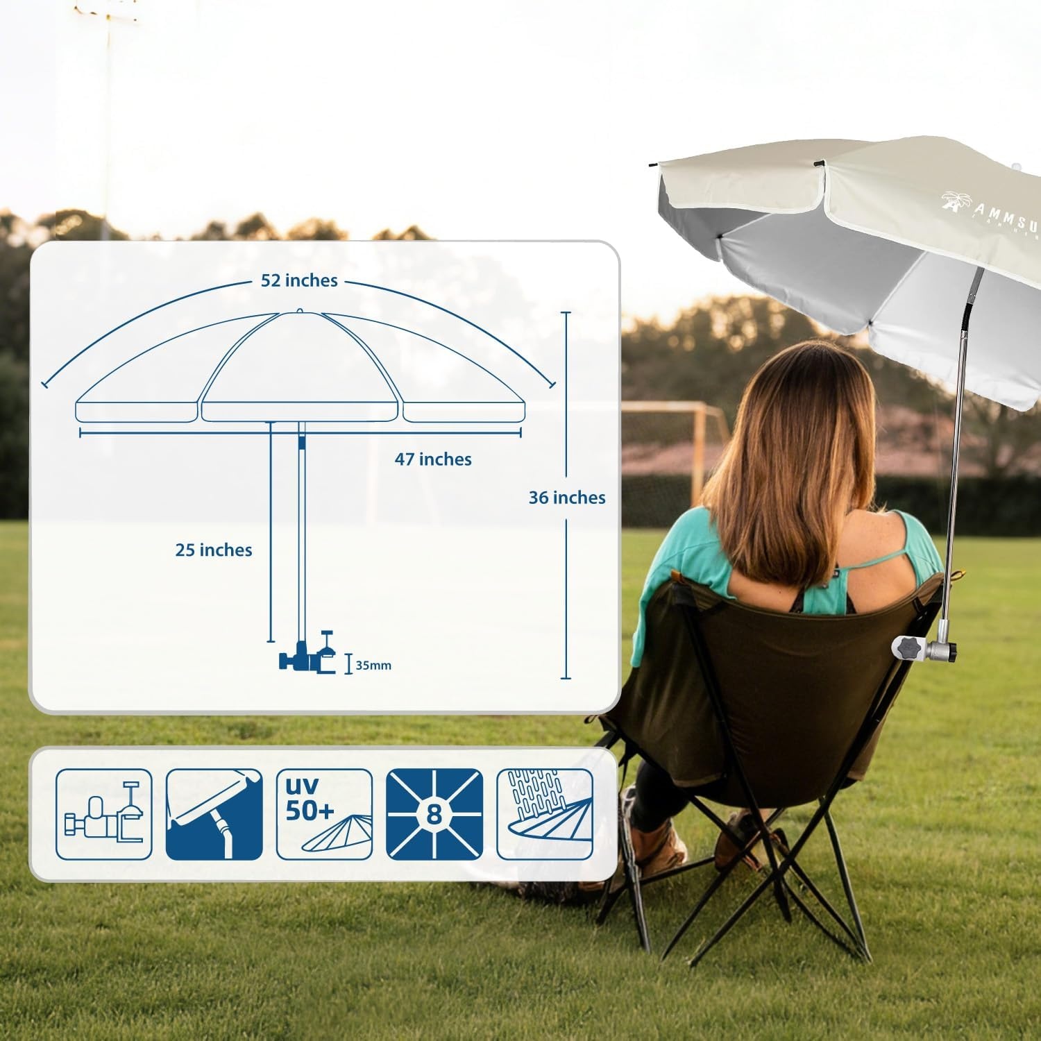 image:imageAMMSUN Chair Umbrella with Universal Clamp Adjustable 47 inches and 360 Swivel amp UPF 50 Protection Portable Sun Umbrella Secure Clip on CampingBeach Chairs Stroller Wheelchair Golf cart Lounger Grey LargesizedLight Beige2 PACK