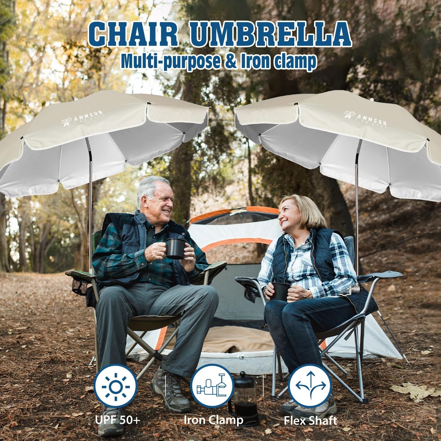 image:imageAMMSUN Chair Umbrella with Universal Clamp Adjustable 47 inches and 360 Swivel amp UPF 50 Protection Portable Sun Umbrella Secure Clip on CampingBeach Chairs Stroller Wheelchair Golf cart Lounger Grey LargesizedLight Beige2 PACK