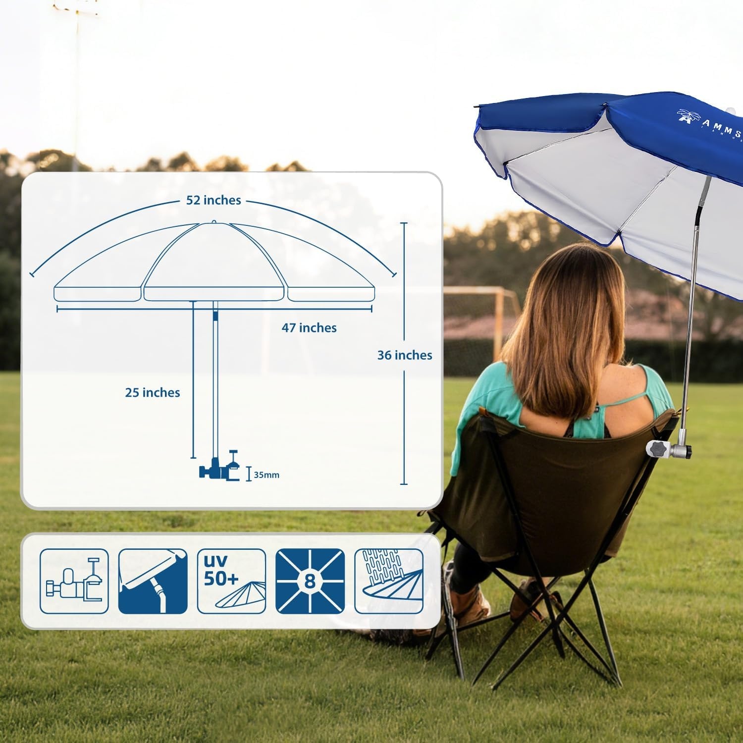 image:imageAMMSUN Chair Umbrella with Universal Clamp Adjustable 47 inches and 360 Swivel amp UPF 50 Protection Portable Sun Umbrella Secure Clip on CampingBeach Chairs Stroller Wheelchair Golf cart Lounger Grey LargesizedBlue