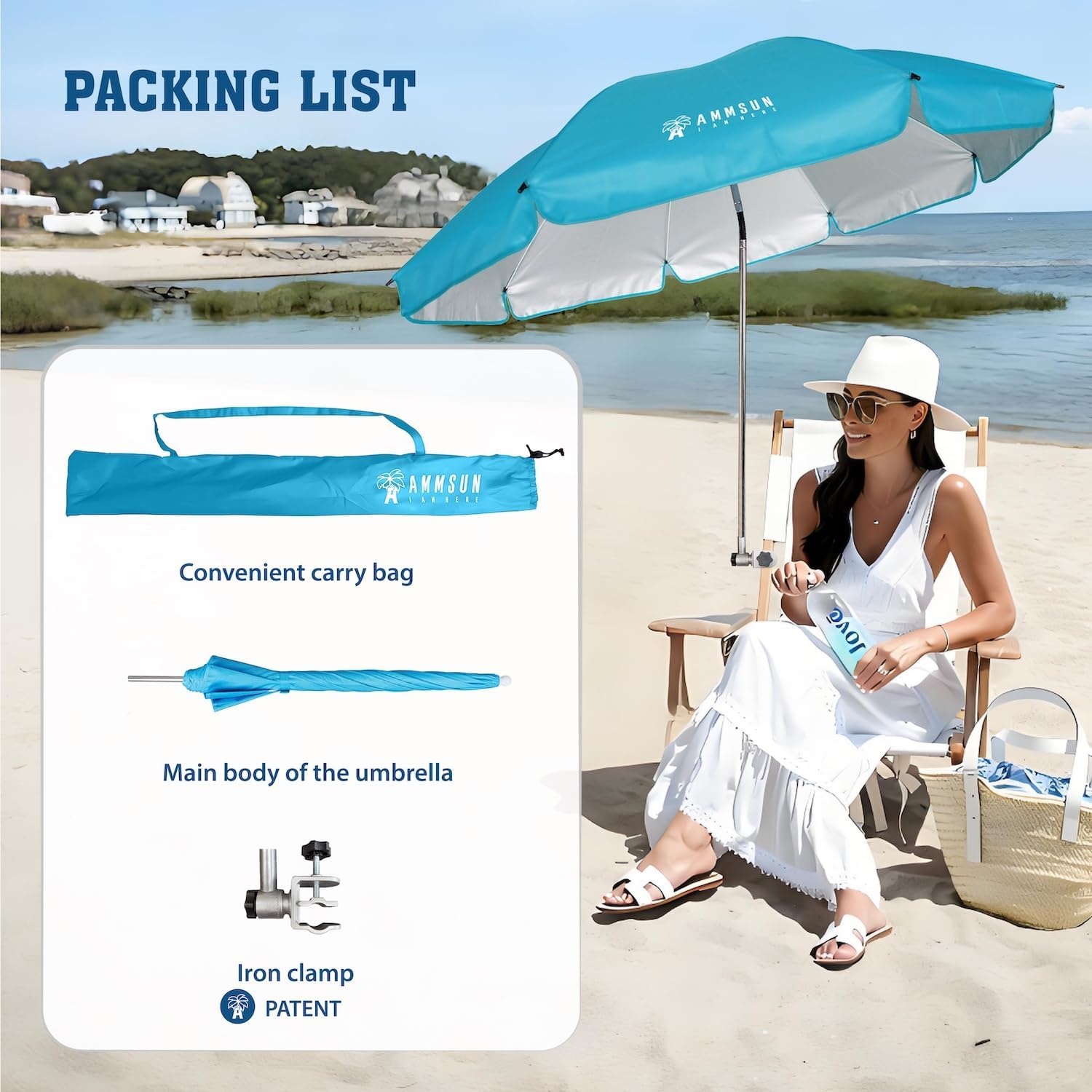 image:imageAMMSUN Chair Umbrella with Universal Clamp Adjustable 47 inches and 360 Swivel amp UPF 50 Protection Portable Sun Umbrella Secure Clip on CampingBeach Chairs Stroller Wheelchair Golf cart Lounger Grey LargesizedLight Blue