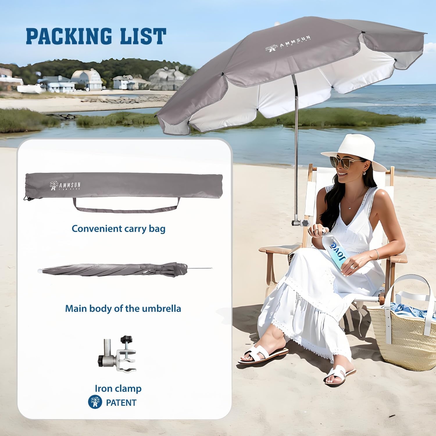 image:imageAMMSUN Chair Umbrella with Universal Clamp Adjustable 47 inches and 360 Swivel amp UPF 50 Protection Portable Sun Umbrella Secure Clip on CampingBeach Chairs Stroller Wheelchair Golf cart Lounger Grey LargesizedGrey2 PACK