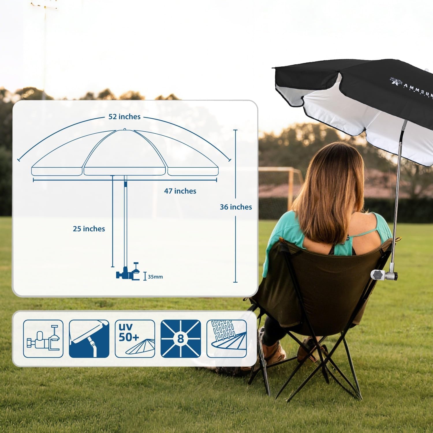 image:imageAMMSUN Chair Umbrella with Universal Clamp Adjustable 47 inches and 360 Swivel amp UPF 50 Protection Portable Sun Umbrella Secure Clip on CampingBeach Chairs Stroller Wheelchair Golf cart Lounger Grey LargesizedBlack2 PACK