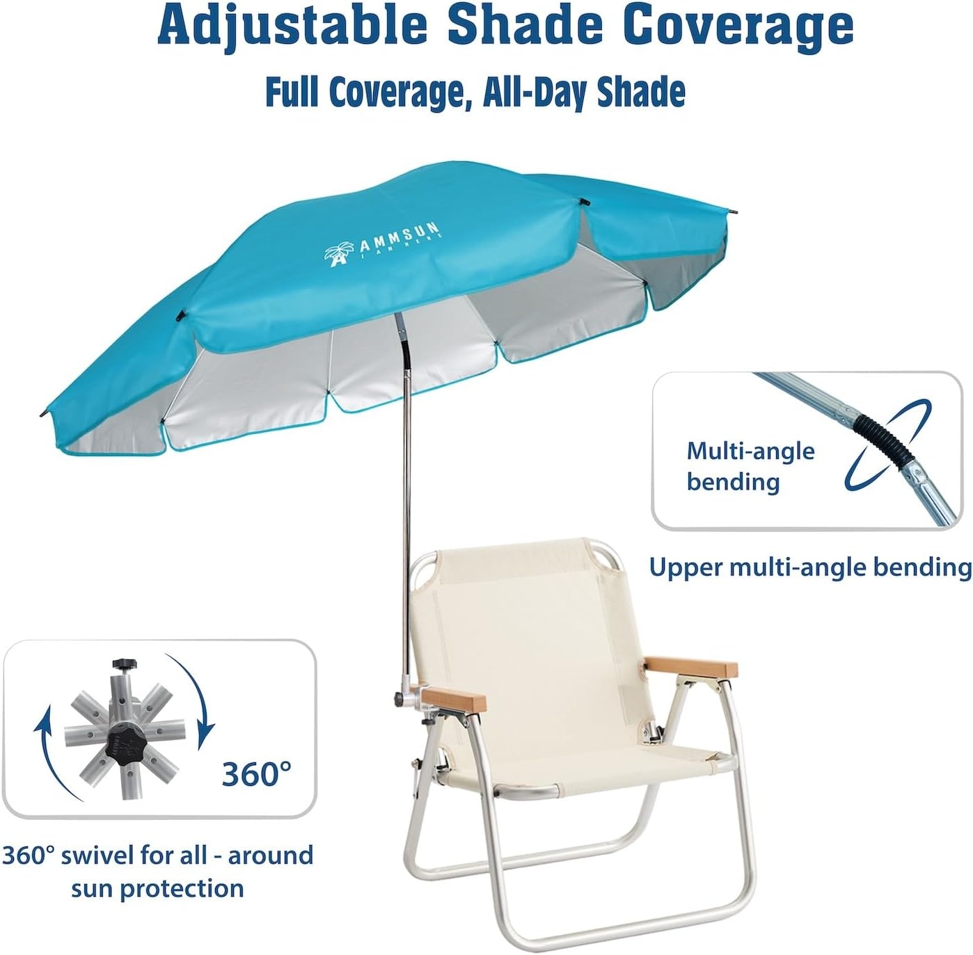 image:imageAMMSUN Chair Umbrella with Universal Clamp Adjustable 47 inches and 360 Swivel amp UPF 50 Protection Portable Sun Umbrella Secure Clip on CampingBeach Chairs Stroller Wheelchair Golf cart Lounger Grey LargesizedLight Blue