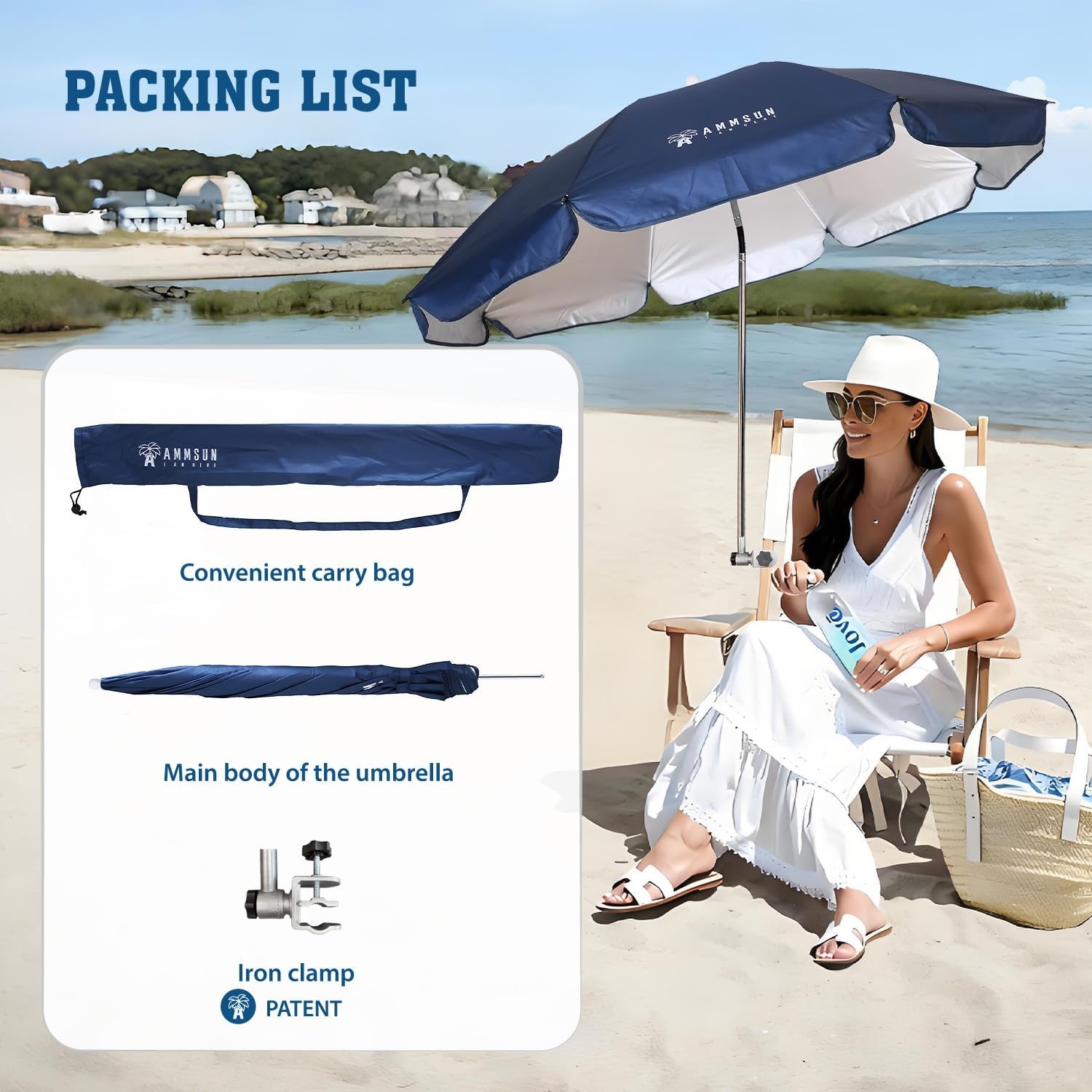 image:imageAMMSUN Chair Umbrella with Universal Clamp Adjustable 47 inches and 360 Swivel amp UPF 50 Protection Portable Sun Umbrella Secure Clip on CampingBeach Chairs Stroller Wheelchair Golf cart Lounger Grey LargesizedNavy Blue