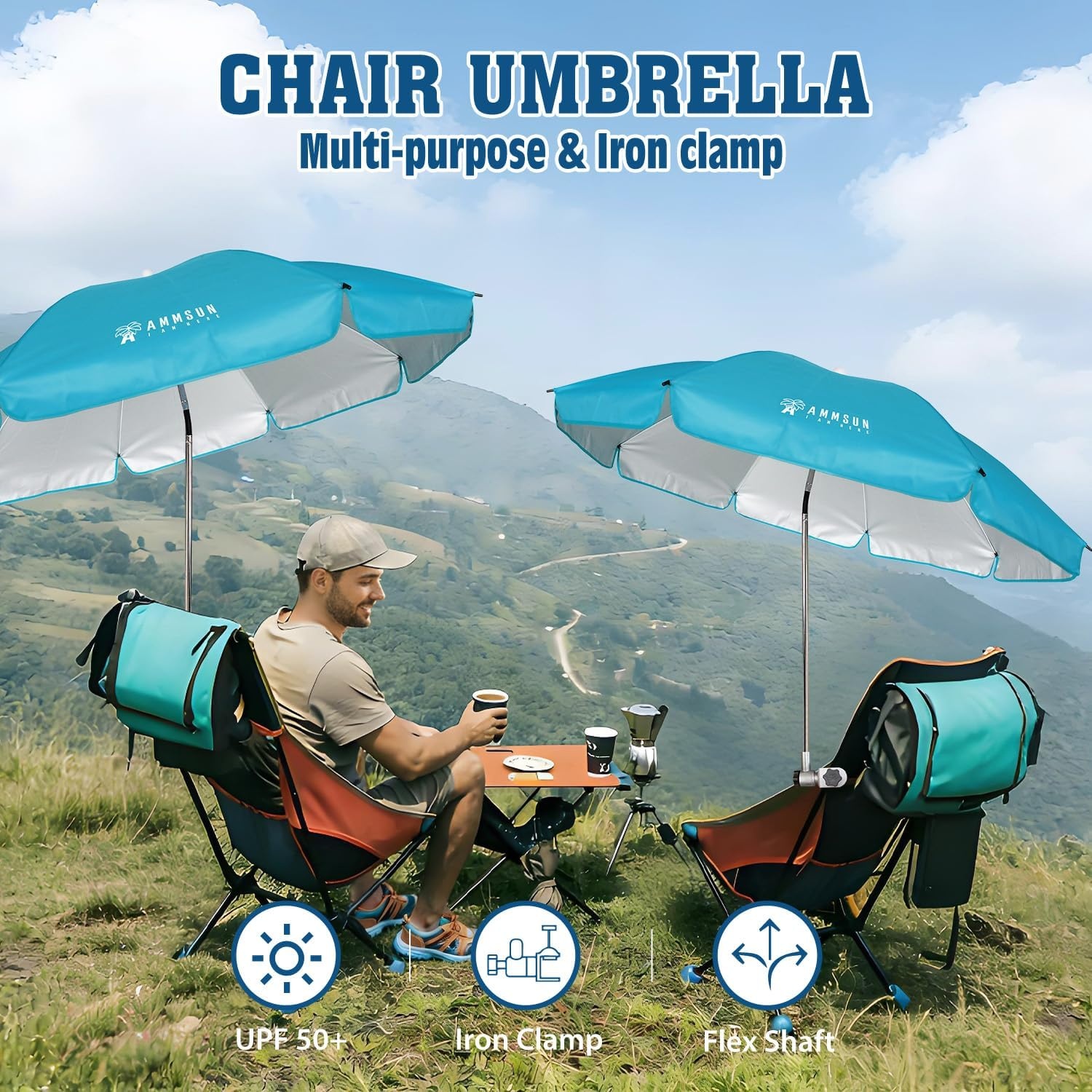 image:imageAMMSUN Chair Umbrella with Universal Clamp Adjustable 47 inches and 360 Swivel amp UPF 50 Protection Portable Sun Umbrella Secure Clip on CampingBeach Chairs Stroller Wheelchair Golf cart Lounger Grey LargesizedLight Blue