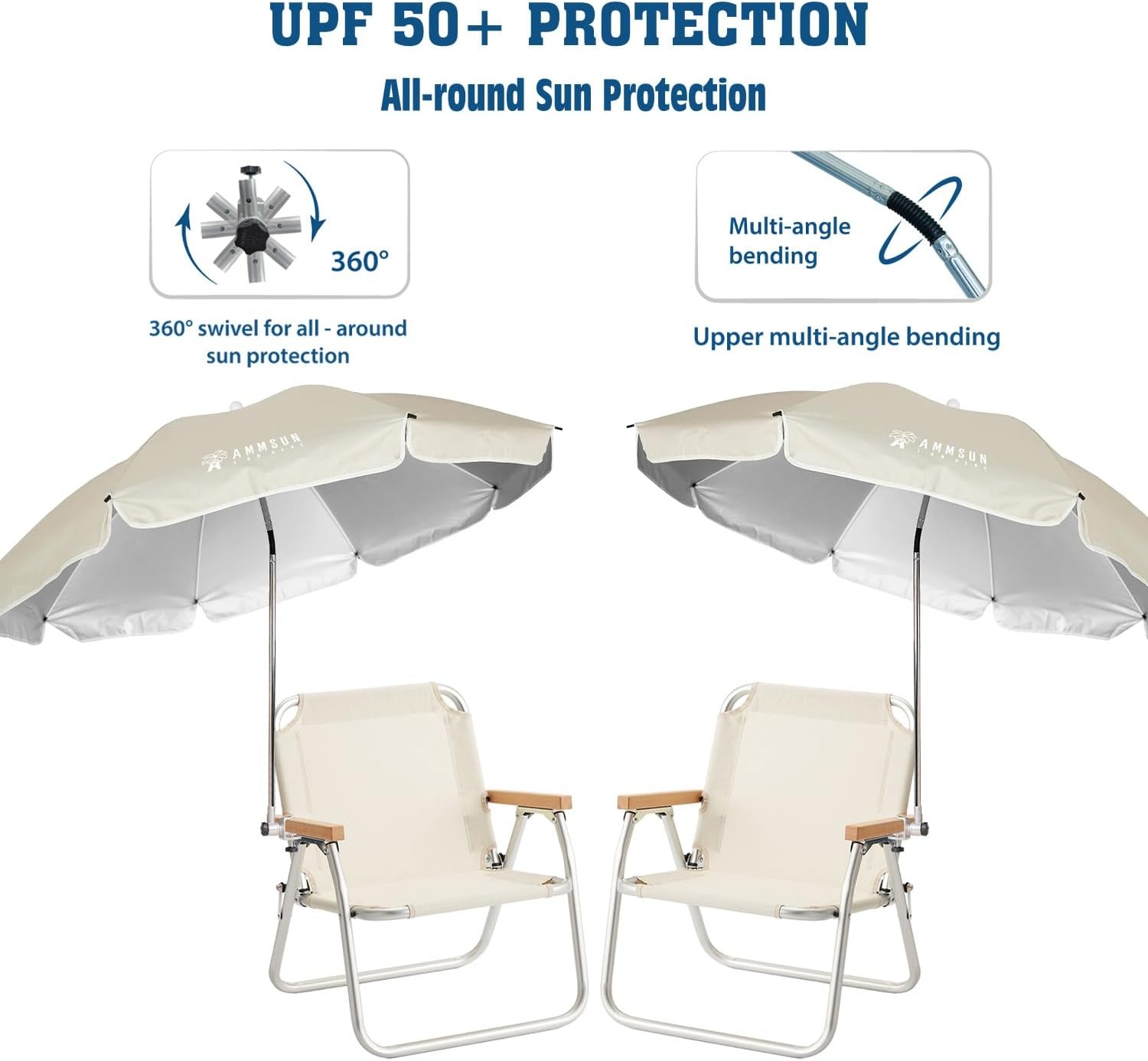 image:imageAMMSUN Chair Umbrella with Universal Clamp Adjustable 47 inches and 360 Swivel amp UPF 50 Protection Portable Sun Umbrella Secure Clip on CampingBeach Chairs Stroller Wheelchair Golf cart Lounger Grey LargesizedLight Beige2 PACK