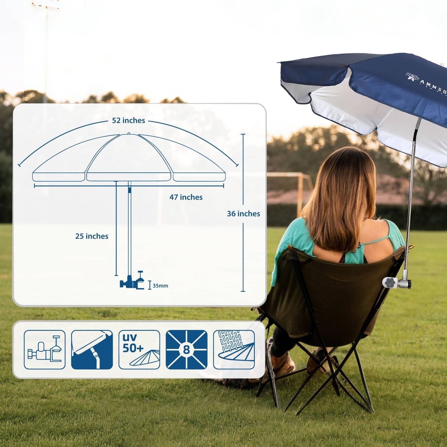 image:imageAMMSUN Chair Umbrella with Universal Clamp Adjustable 47 inches and 360 Swivel amp UPF 50 Protection Portable Sun Umbrella Secure Clip on CampingBeach Chairs Stroller Wheelchair Golf cart Lounger Grey LargesizedNavy Blue
