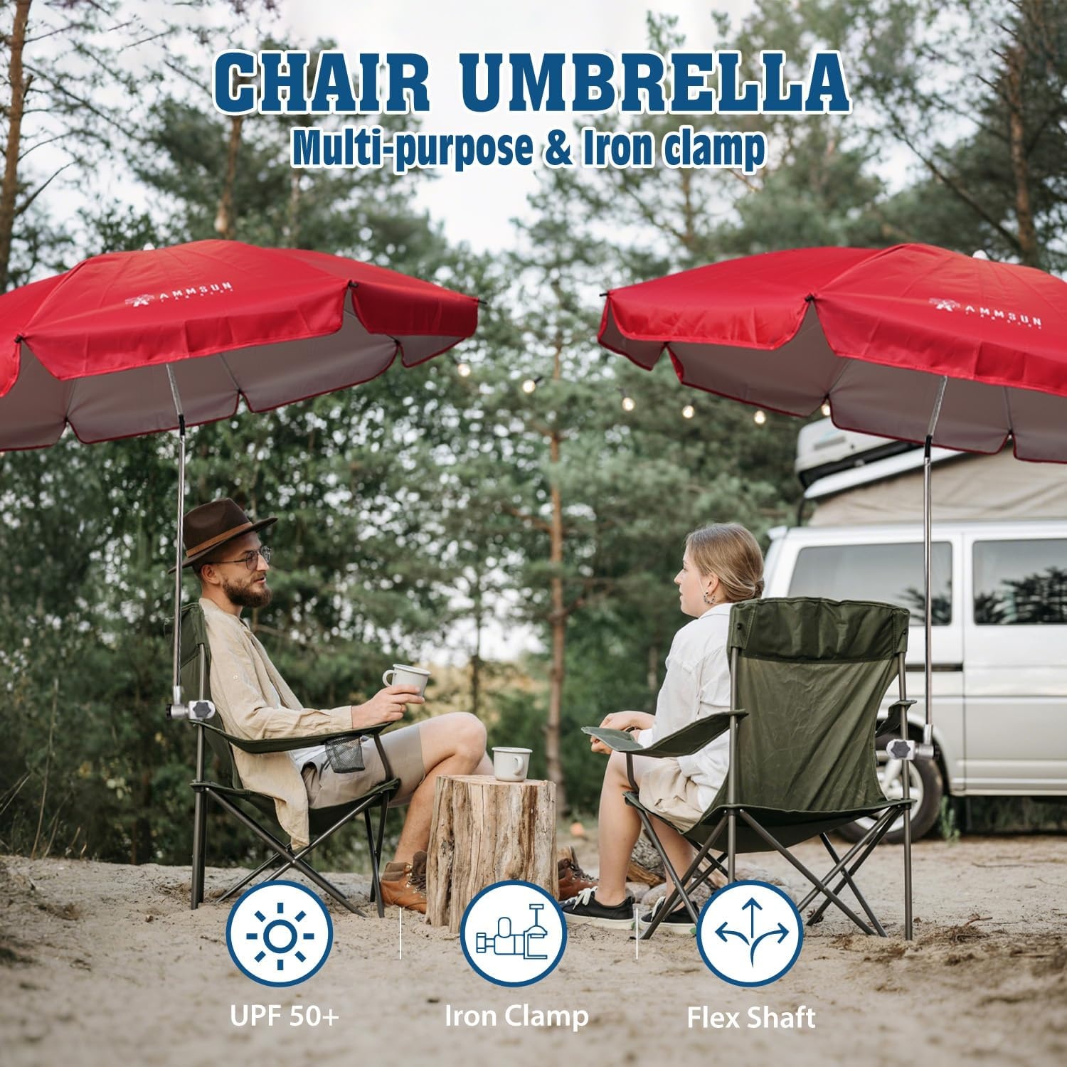image:imageAMMSUN Chair Umbrella with Universal Clamp Adjustable 47 inches and 360 Swivel amp UPF 50 Protection Portable Sun Umbrella Secure Clip on CampingBeach Chairs Stroller Wheelchair Golf cart Lounger Grey LargesizedRed2 PACK