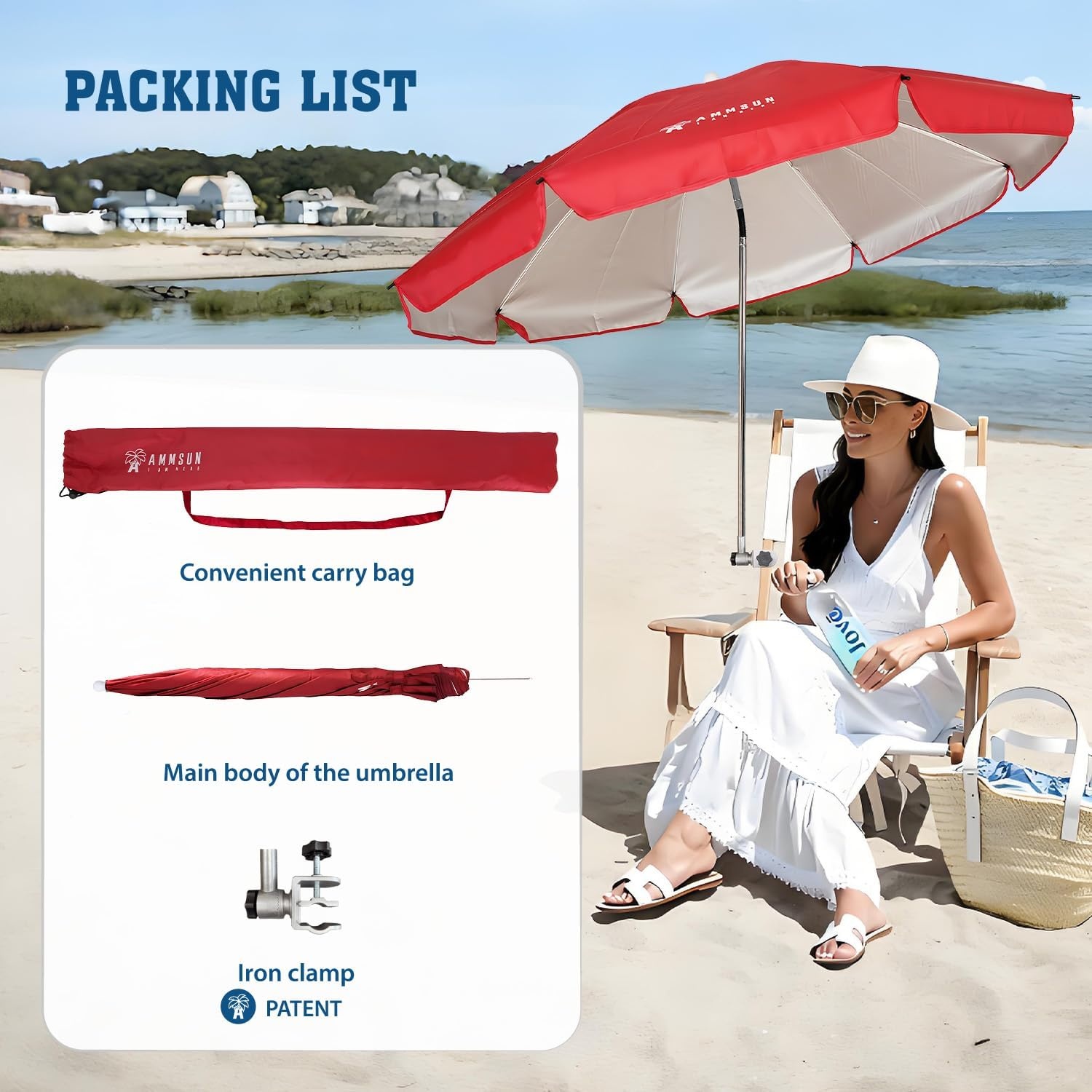 image:imageAMMSUN Chair Umbrella with Universal Clamp Adjustable 47 inches and 360 Swivel amp UPF 50 Protection Portable Sun Umbrella Secure Clip on CampingBeach Chairs Stroller Wheelchair Golf cart Lounger Grey LargesizedRed2 PACK
