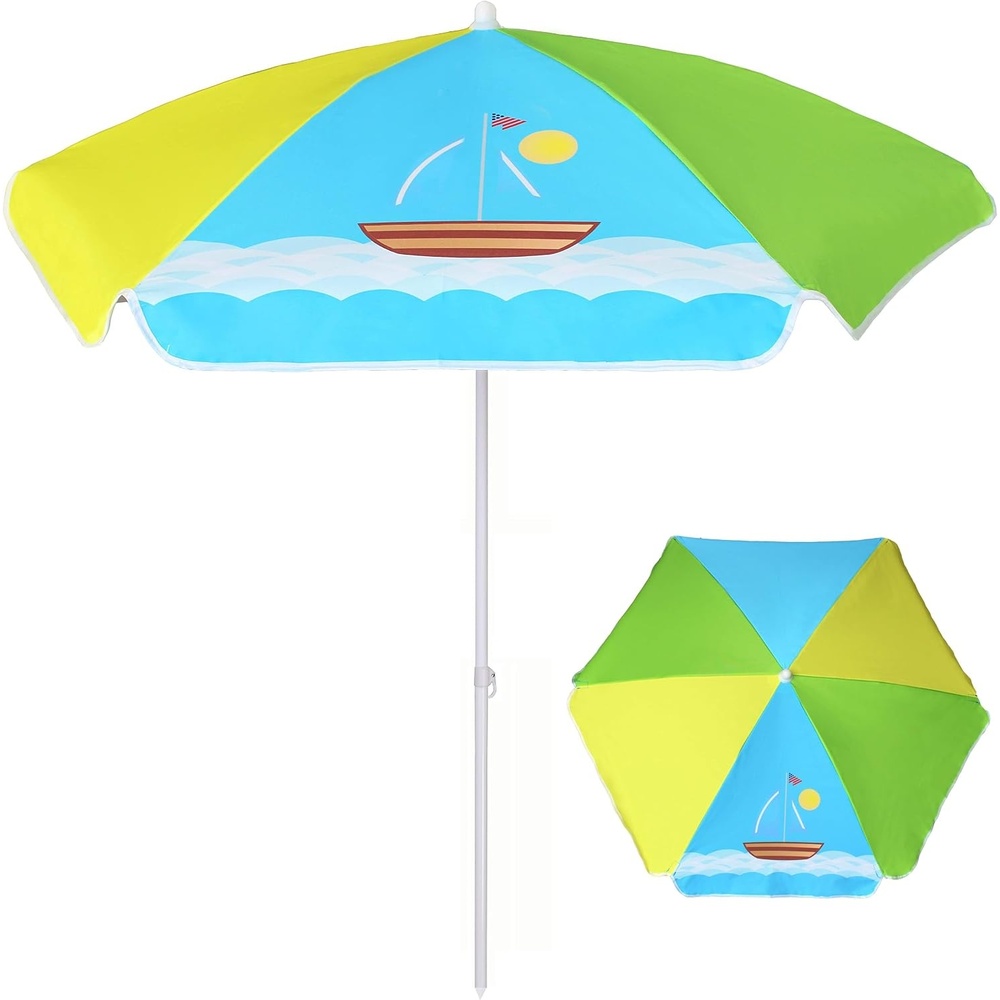 image:imageAMMSUN 5ft Kids Beach Umbrella for Picnic Water Table Sand Box Sun Shade  Durable Children Seaside Umbrella UV Protection UPF50 Ideal for sand play beach camping garden and outdoor fun5ft Green Yellow Boat