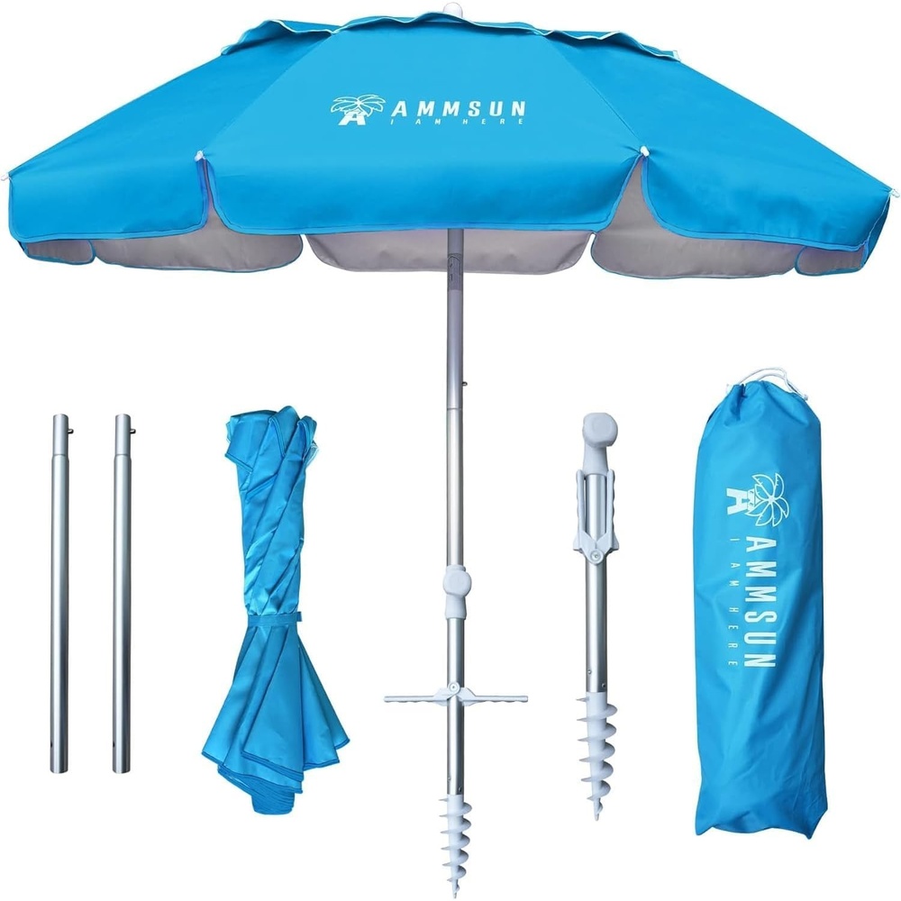 image:imageAMMSUN 6ft Folded Portable Travel Beach Umbrella with Sand Anchor Tilt Air vent UPF 50UV Protection Fit In Suitcase Compact Foldable Telescopic umbrellas for Patio Garden Beach Pool Blue6ft Light Blue