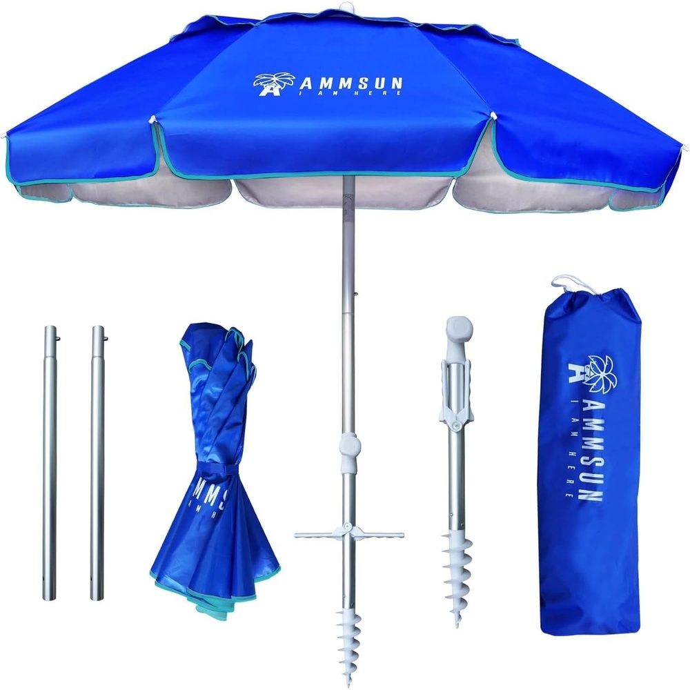 image:imageAMMSUN 6ft Folded Portable Travel Beach Umbrella with Sand Anchor Tilt Air vent UPF 50UV Protection Fit In Suitcase Compact Foldable Telescopic umbrellas for Patio Garden Beach Pool Blue6ft Navy Blue