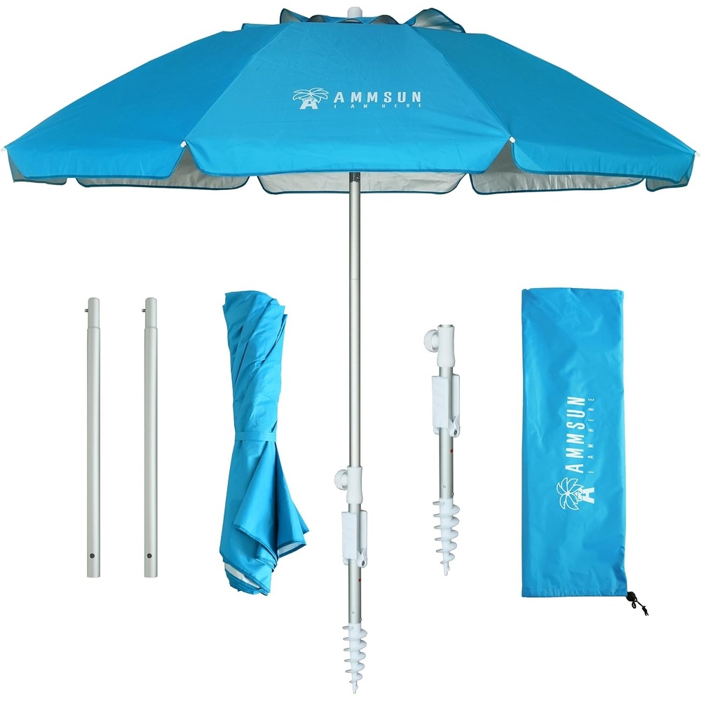 image:imageAMMSUN 6ft Folded Portable Travel Beach Umbrella with Sand Anchor Tilt Air vent UPF 50UV Protection Fit In Suitcase Compact Foldable Telescopic umbrellas for Patio Garden Beach Pool Blue65ft Light Blue