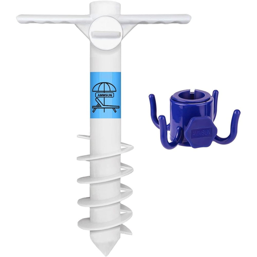 image:imageAMMSUN Beach Umbrella Sand Anchor Heavy Duty Outdoor Umbrellas Auger Base 2 Pack with 5 Spiral Screw Safe Umbrella Holder Stand Ideal for Strong Winds White Universal amp One Size Fits Mostwhite blue