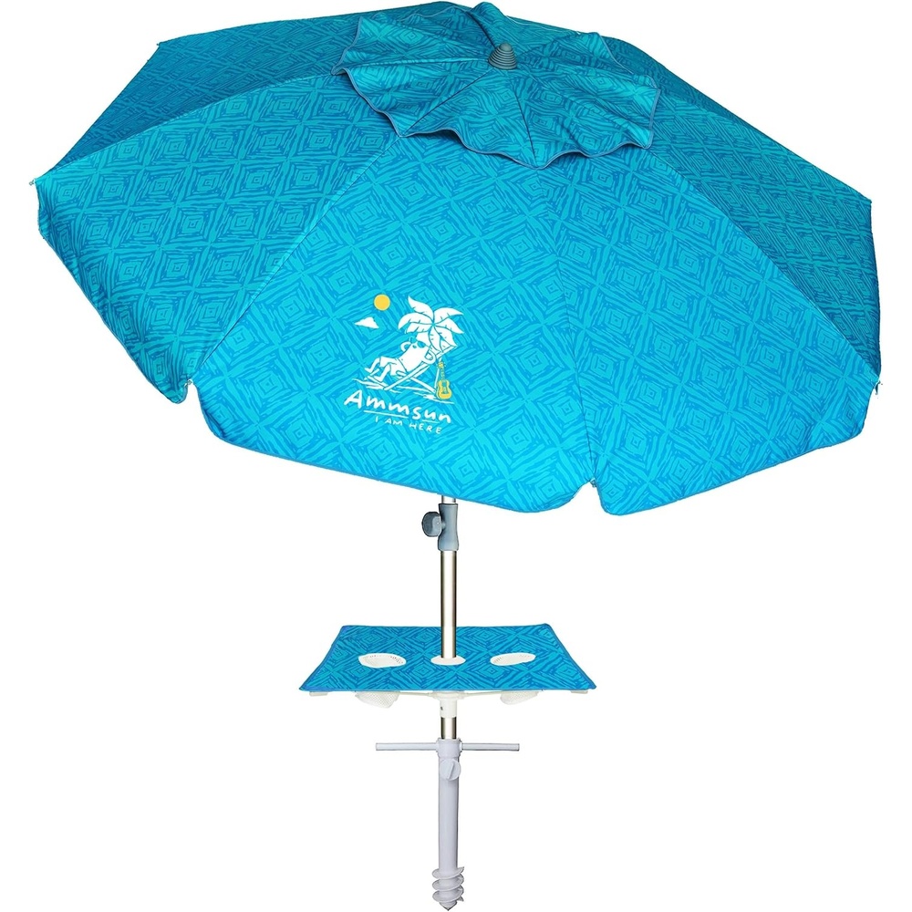 image:imageAMMSUN Beach Umbrellas for Sand Heavy Duty Wind Portable 65ft Sand Anchor UV 50 Protection Includes Carry Bag Push Button Tilt Lightweight Easy Setup Silence BlueSky Blue