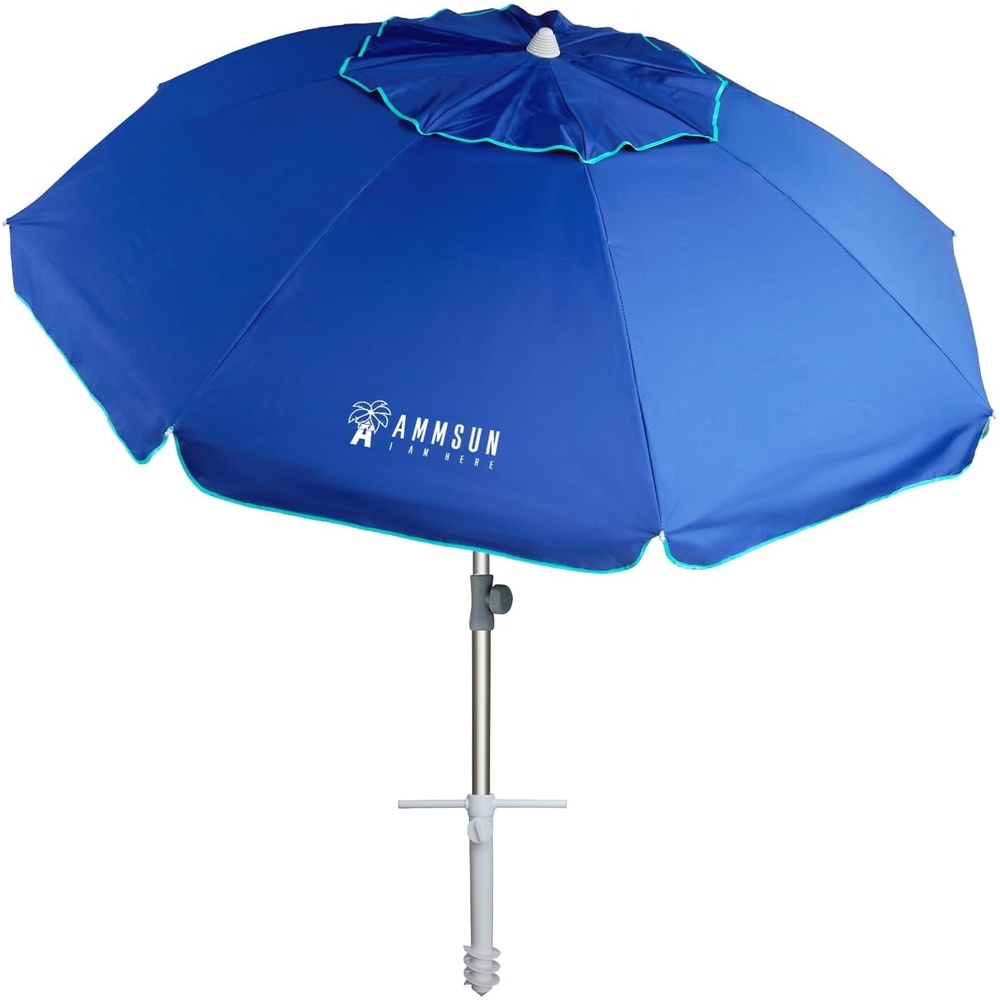 image:imageAMMSUN Beach Umbrellas for Sand Heavy Duty Wind Portable 65ft Sand Anchor UV 50 Protection Includes Carry Bag Push Button Tilt Lightweight Easy Setup Silence BlueSolid Blue