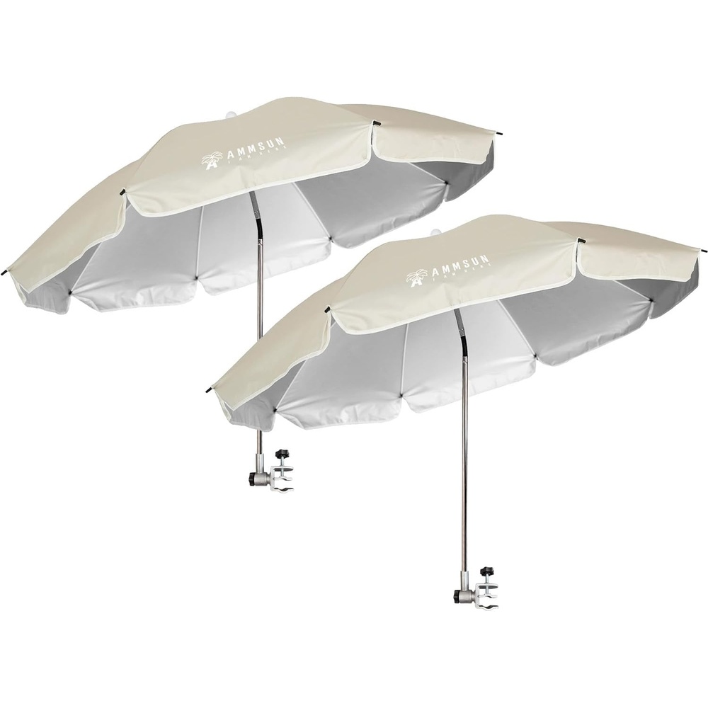 image:imageAMMSUN Chair Umbrella with Universal Clamp Adjustable 47 inches and 360 Swivel amp UPF 50 Protection Portable Sun Umbrella Secure Clip on CampingBeach Chairs Stroller Wheelchair Golf cart Lounger Grey LargesizedLight Beige2 PACK