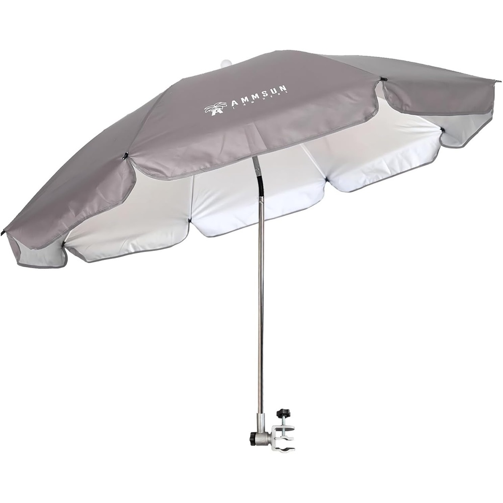 image:imageAMMSUN Chair Umbrella with Universal Clamp Adjustable 47 inches and 360 Swivel amp UPF 50 Protection Portable Sun Umbrella Secure Clip on CampingBeach Chairs Stroller Wheelchair Golf cart Lounger Grey LargesizedGrey