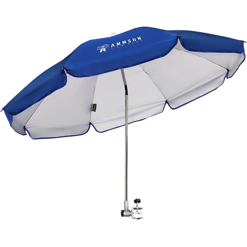 image:imageAMMSUN Chair Umbrella with Universal Clamp Adjustable 47 inches and 360 Swivel amp UPF 50 Protection Portable Sun Umbrella Secure Clip on CampingBeach Chairs Stroller Wheelchair Golf cart Lounger Grey LargesizedBlue