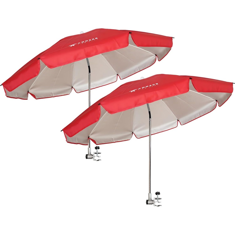 image:imageAMMSUN Chair Umbrella with Universal Clamp Adjustable 47 inches and 360 Swivel amp UPF 50 Protection Portable Sun Umbrella Secure Clip on CampingBeach Chairs Stroller Wheelchair Golf cart Lounger Grey LargesizedRed2 PACK