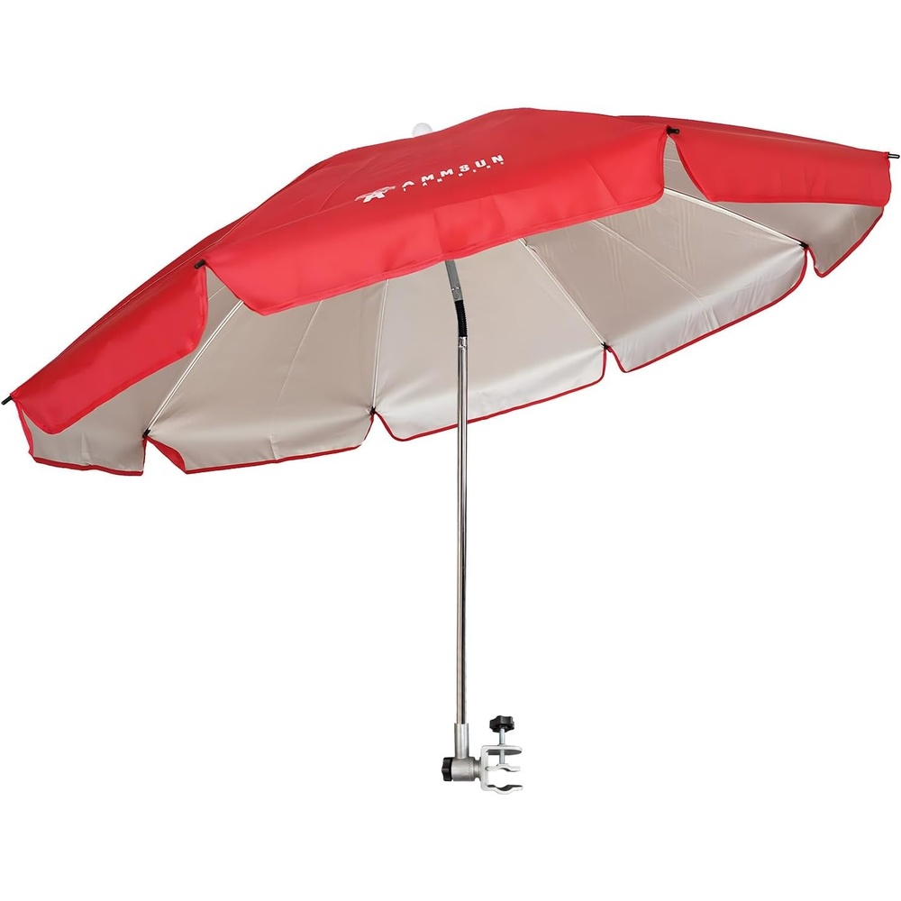 image:imageAMMSUN Chair Umbrella with Universal Clamp Adjustable 47 inches and 360 Swivel amp UPF 50 Protection Portable Sun Umbrella Secure Clip on CampingBeach Chairs Stroller Wheelchair Golf cart Lounger Grey LargesizedRed