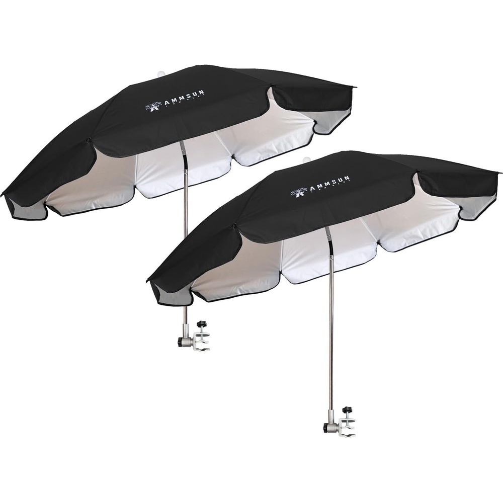image:imageAMMSUN Chair Umbrella with Universal Clamp Adjustable 47 inches and 360 Swivel amp UPF 50 Protection Portable Sun Umbrella Secure Clip on CampingBeach Chairs Stroller Wheelchair Golf cart Lounger Grey LargesizedBlack2 PACK