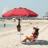 AMMSUN 7ft Heavy Duty High Wind Beach Umbrella Parasols with sand anchor & Tilt Sun Shelter, UPF 50+ Protection Outdoor Sunshade Umbrellas Carry Bag for Patio Garden Pool Backyard Multicolor(Solid Red)