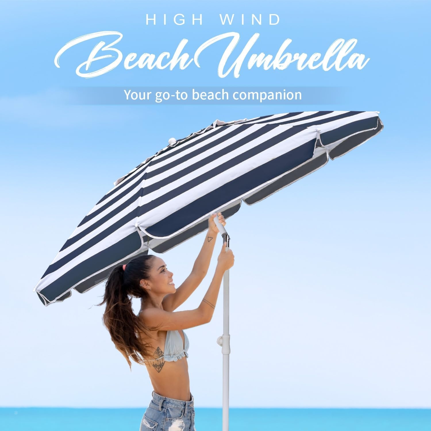 image:imageAMMSUN 65ft Portable Patio Beach Umbrella for Sand with Tilt Air Vent UPF50 Sun Protection Windproof Outdoor Umbrellas with Carry Bag for Patio Beach Garden Pool Backyard Yellow StripesCapri Navy Stripe