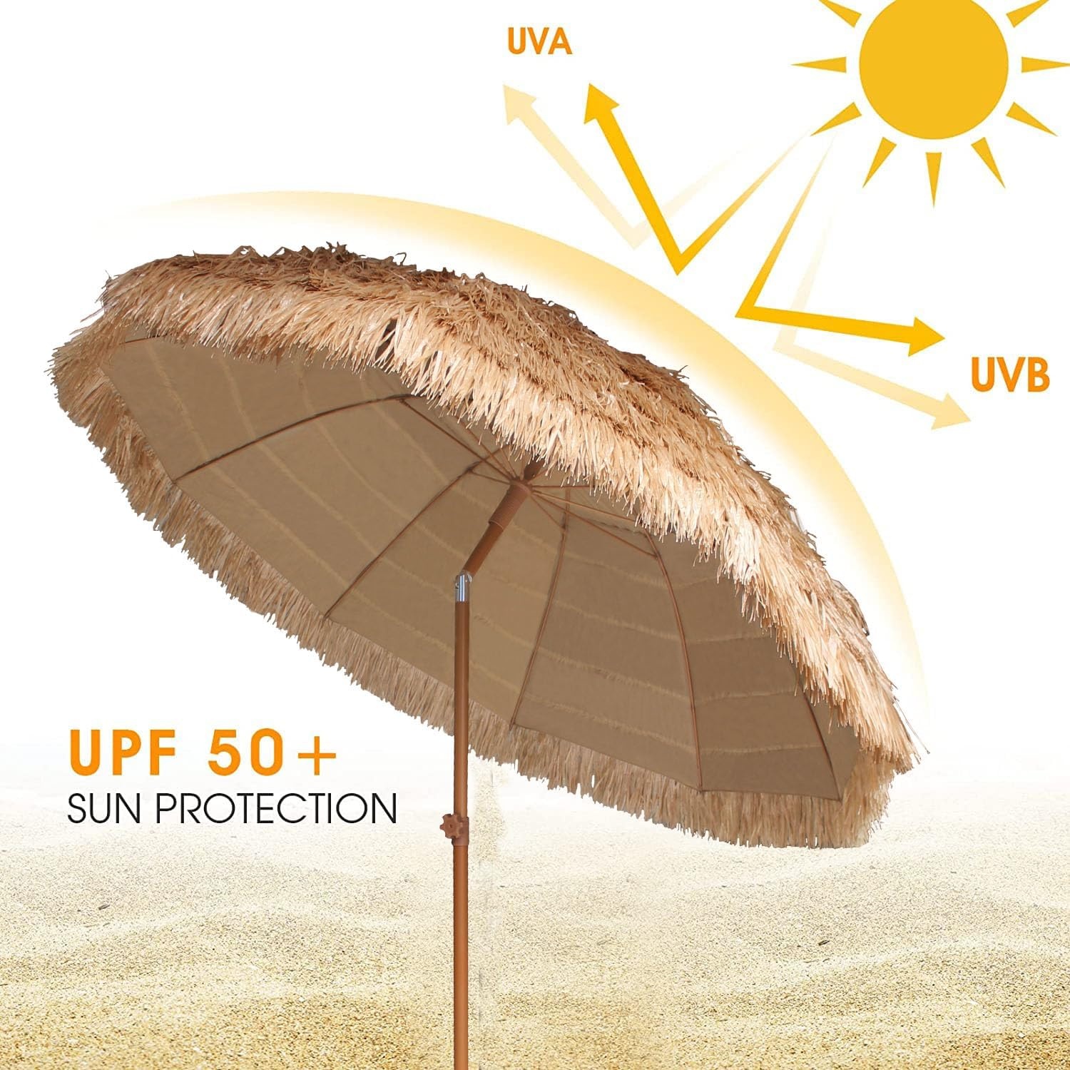 image:imageAMMSUN 75ft Hula Thatched Hawaiian Tiki Patio Beach Umbrella with Tilt UPF 50 10 sturdy ribs carry bag Ideal for beach patio pool backyard Outdoors tiki bar tropical palapa YellowA Natural