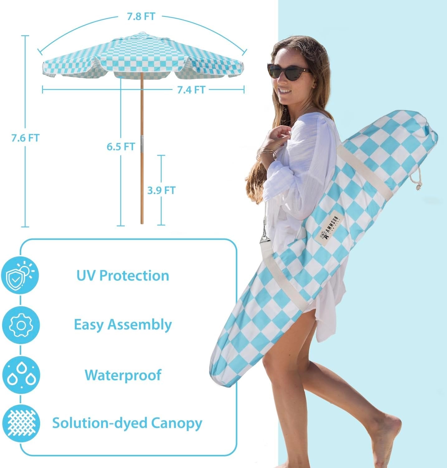 image:imageAMMSUN 78FT Outdoor Patio Umbrella Boho Wood Pole Market Table Umbrella HeavyDuty Build Quality UPF 50 Sun Protection and Waterproof Canvas HandCrafted Ash Wood Pole Air Vent a Carry BagCyan Checker
