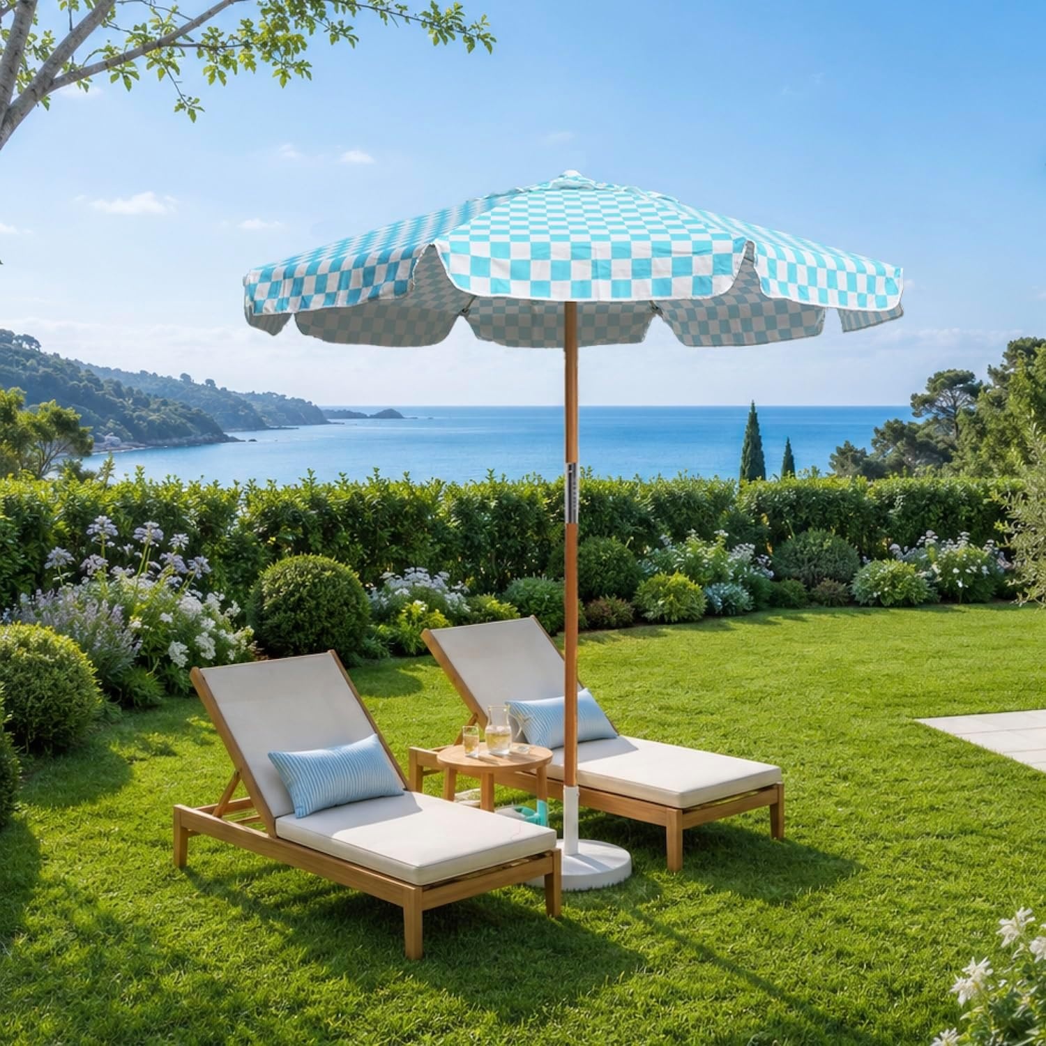 image:imageAMMSUN 78FT Outdoor Patio Umbrella Boho Wood Pole Market Table Umbrella HeavyDuty Build Quality UPF 50 Sun Protection and Waterproof Canvas HandCrafted Ash Wood Pole Air Vent a Carry BagCyan Checker