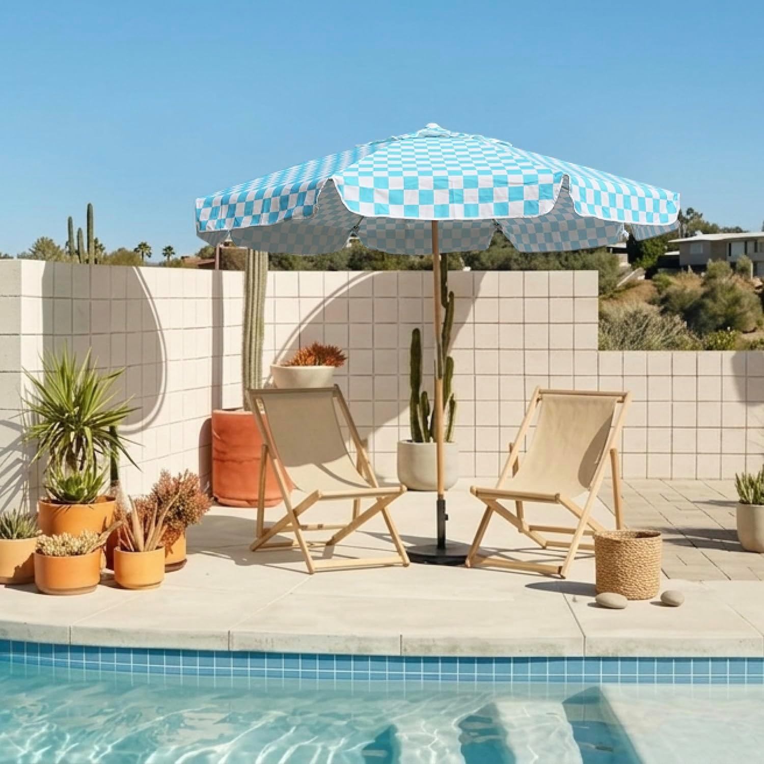image:imageAMMSUN 78FT Outdoor Patio Umbrella Boho Wood Pole Market Table Umbrella HeavyDuty Build Quality UPF 50 Sun Protection and Waterproof Canvas HandCrafted Ash Wood Pole Air Vent a Carry BagCyan Checker