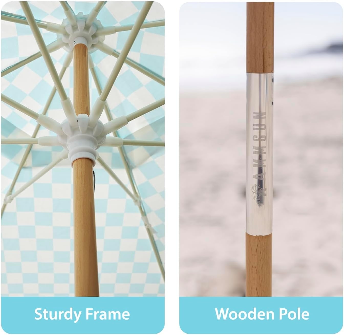 image:imageAMMSUN 78FT Outdoor Patio Umbrella Boho Wood Pole Market Table Umbrella HeavyDuty Build Quality UPF 50 Sun Protection and Waterproof Canvas HandCrafted Ash Wood Pole Air Vent a Carry BagCyan Checker