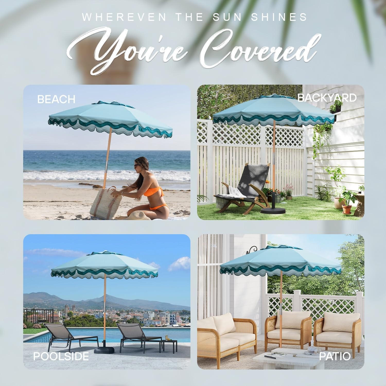 image:imageAMMSUN 78FT Outdoor Patio Umbrella Boho Wood Pole Market Table Umbrella HeavyDuty Build Quality UPF 50 Sun Protection and Waterproof Canvas HandCrafted Ash Wood Pole Air Vent a Carry BagTurquoise Trims