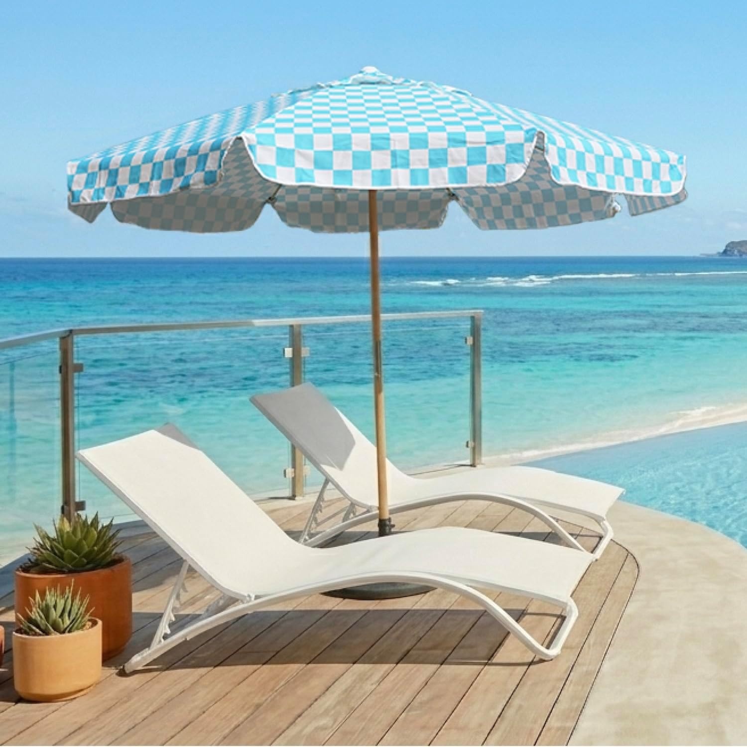 image:imageAMMSUN 78FT Outdoor Patio Umbrella Boho Wood Pole Market Table Umbrella HeavyDuty Build Quality UPF 50 Sun Protection and Waterproof Canvas HandCrafted Ash Wood Pole Air Vent a Carry BagCyan Checker
