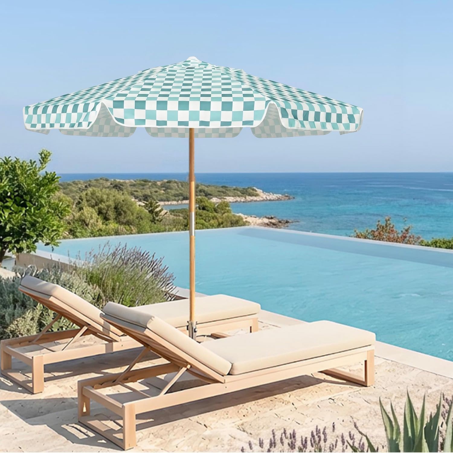 image:imageAMMSUN 78FT Outdoor Patio Umbrella Boho Wood Pole Market Table Umbrella HeavyDuty Build Quality UPF 50 Sun Protection and Waterproof Canvas HandCrafted Ash Wood Pole Air Vent a Carry BagGreen Plaid