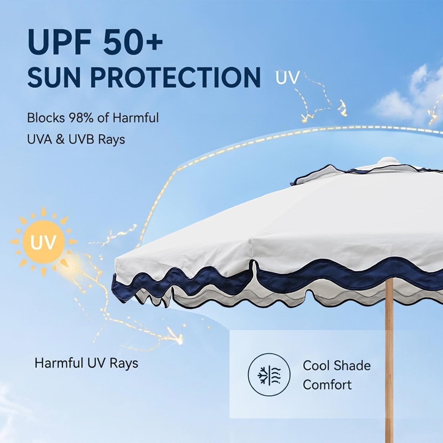 image:imageAMMSUN 78FT Outdoor Patio Umbrella Boho Wood Pole Market Table Umbrella HeavyDuty Build Quality UPF 50 Sun Protection and Waterproof Canvas HandCrafted Ash Wood Pole Air Vent a Carry BagMarine White