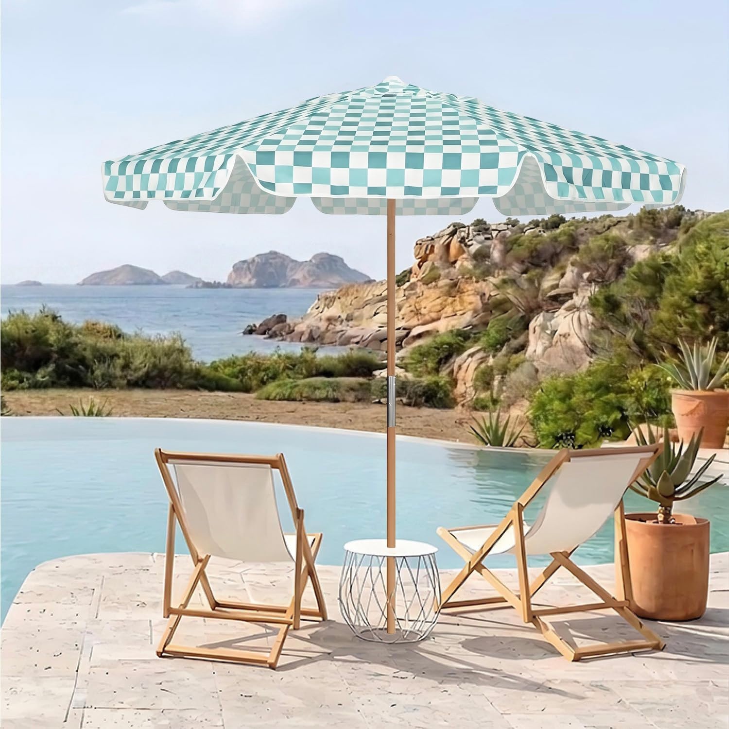 image:imageAMMSUN 78FT Outdoor Patio Umbrella Boho Wood Pole Market Table Umbrella HeavyDuty Build Quality UPF 50 Sun Protection and Waterproof Canvas HandCrafted Ash Wood Pole Air Vent a Carry BagGreen Plaid
