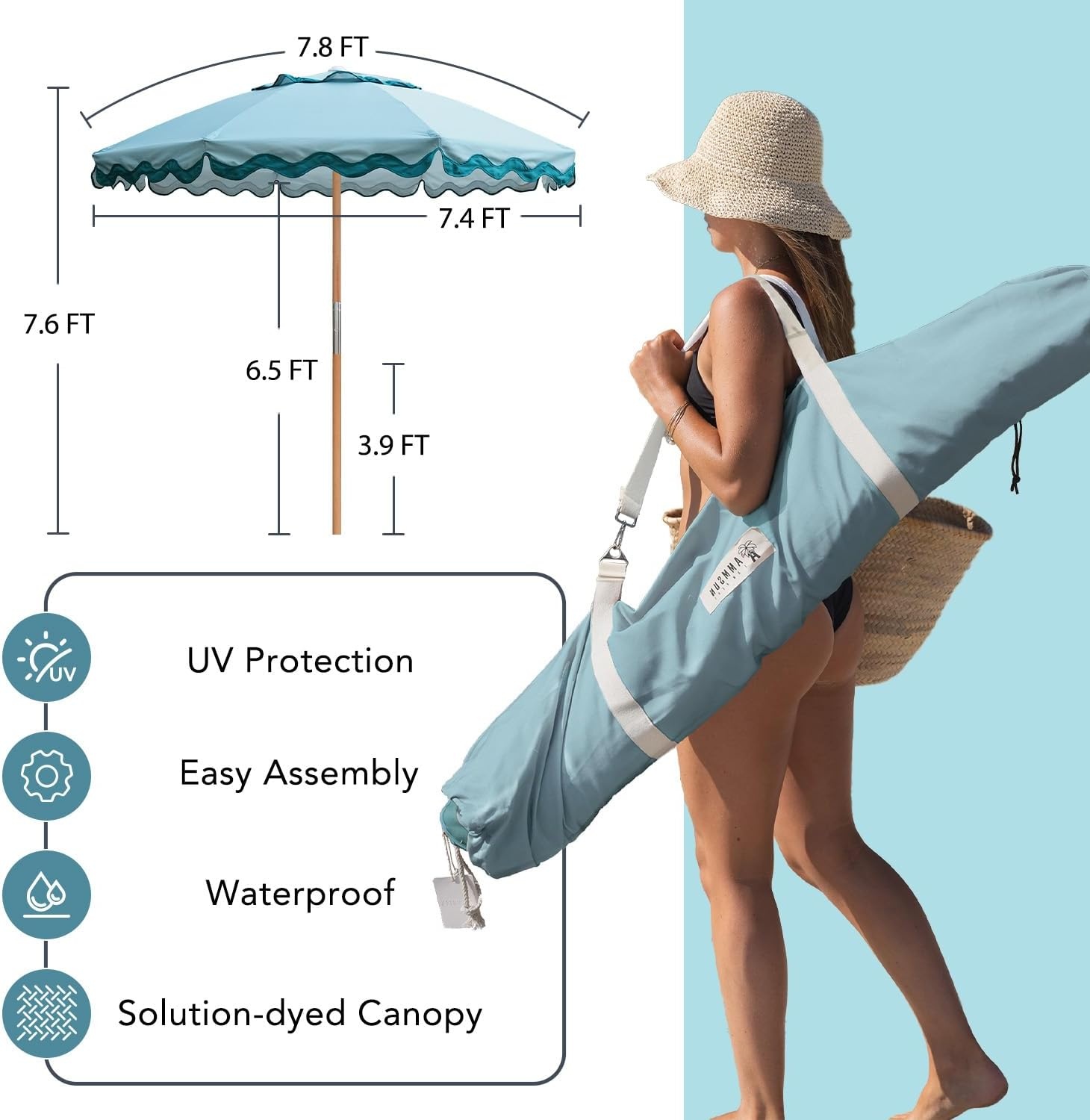 image:imageAMMSUN 78FT Outdoor Patio Umbrella Boho Wood Pole Market Table Umbrella HeavyDuty Build Quality UPF 50 Sun Protection and Waterproof Canvas HandCrafted Ash Wood Pole Air Vent a Carry BagTurquoise Trims
