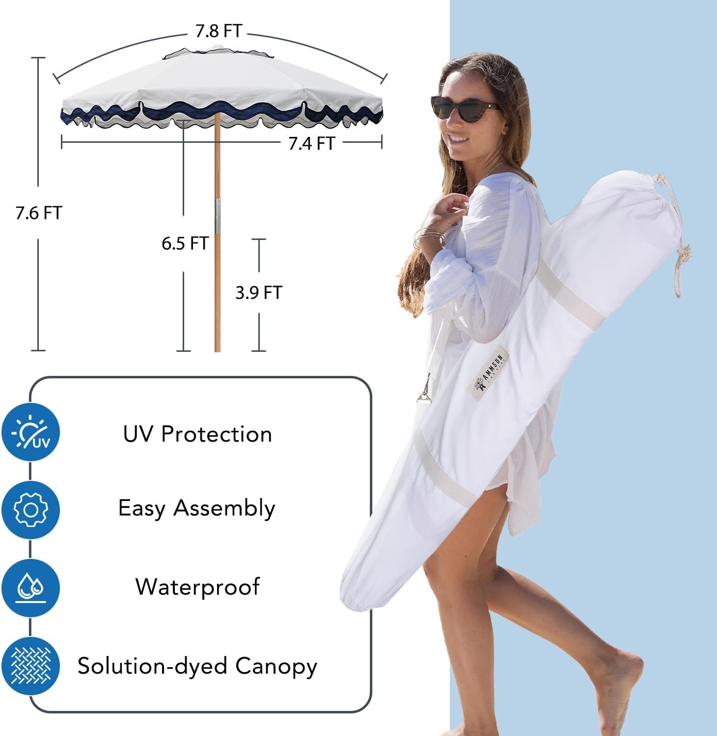 image:imageAMMSUN 78FT Outdoor Patio Umbrella Boho Wood Pole Market Table Umbrella HeavyDuty Build Quality UPF 50 Sun Protection and Waterproof Canvas HandCrafted Ash Wood Pole Air Vent a Carry BagMarine White