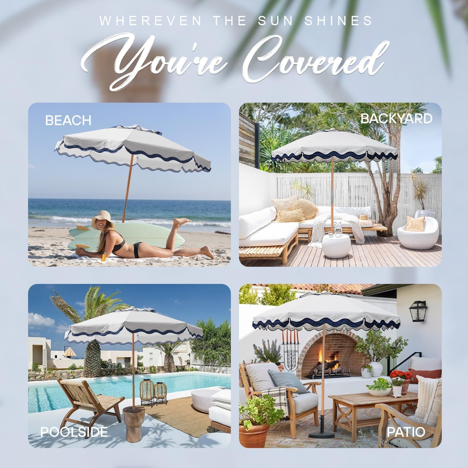 image:imageAMMSUN 78FT Outdoor Patio Umbrella Boho Wood Pole Market Table Umbrella HeavyDuty Build Quality UPF 50 Sun Protection and Waterproof Canvas HandCrafted Ash Wood Pole Air Vent a Carry BagMarine White
