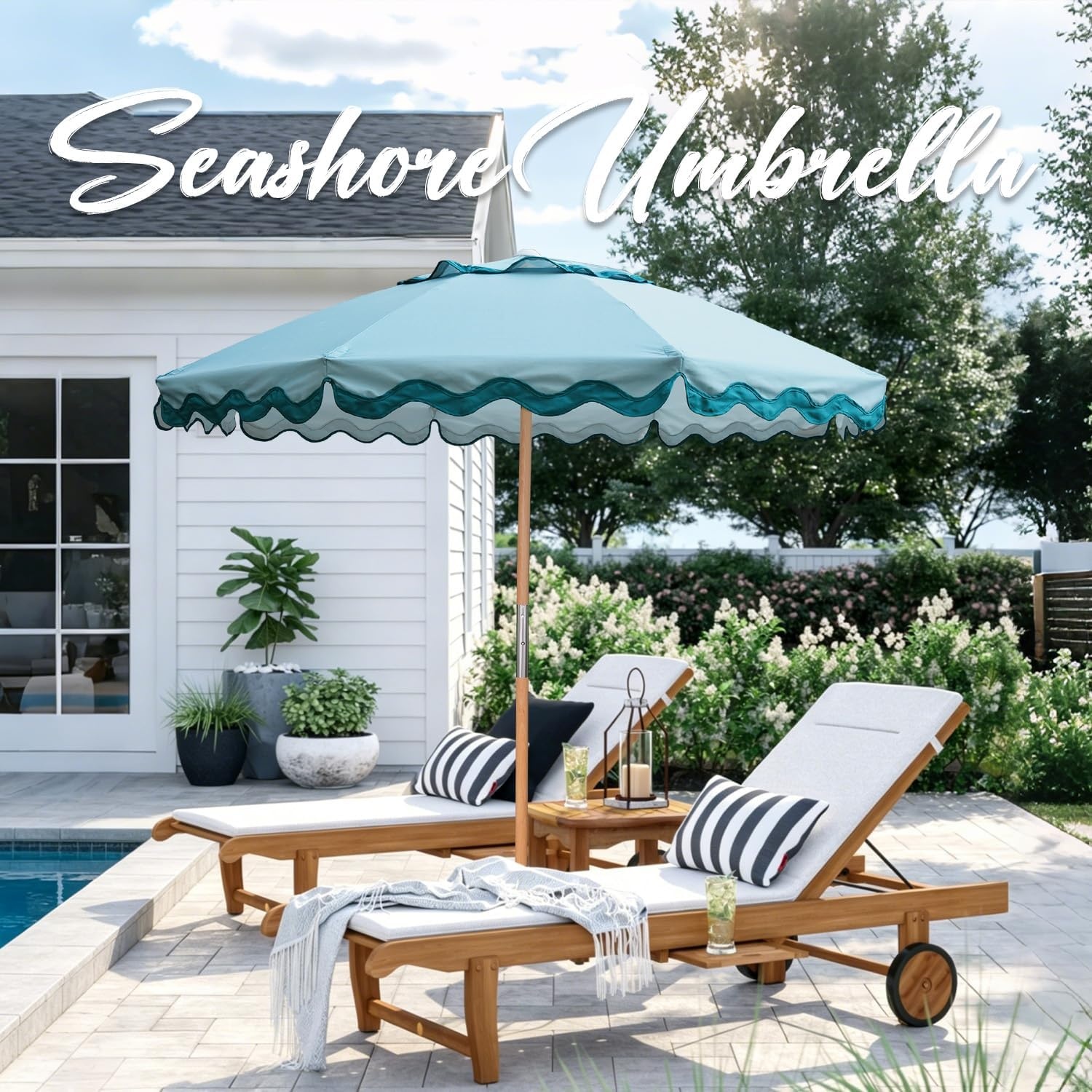 image:imageAMMSUN 78FT Outdoor Patio Umbrella Boho Wood Pole Market Table Umbrella HeavyDuty Build Quality UPF 50 Sun Protection and Waterproof Canvas HandCrafted Ash Wood Pole Air Vent a Carry BagTurquoise Trims