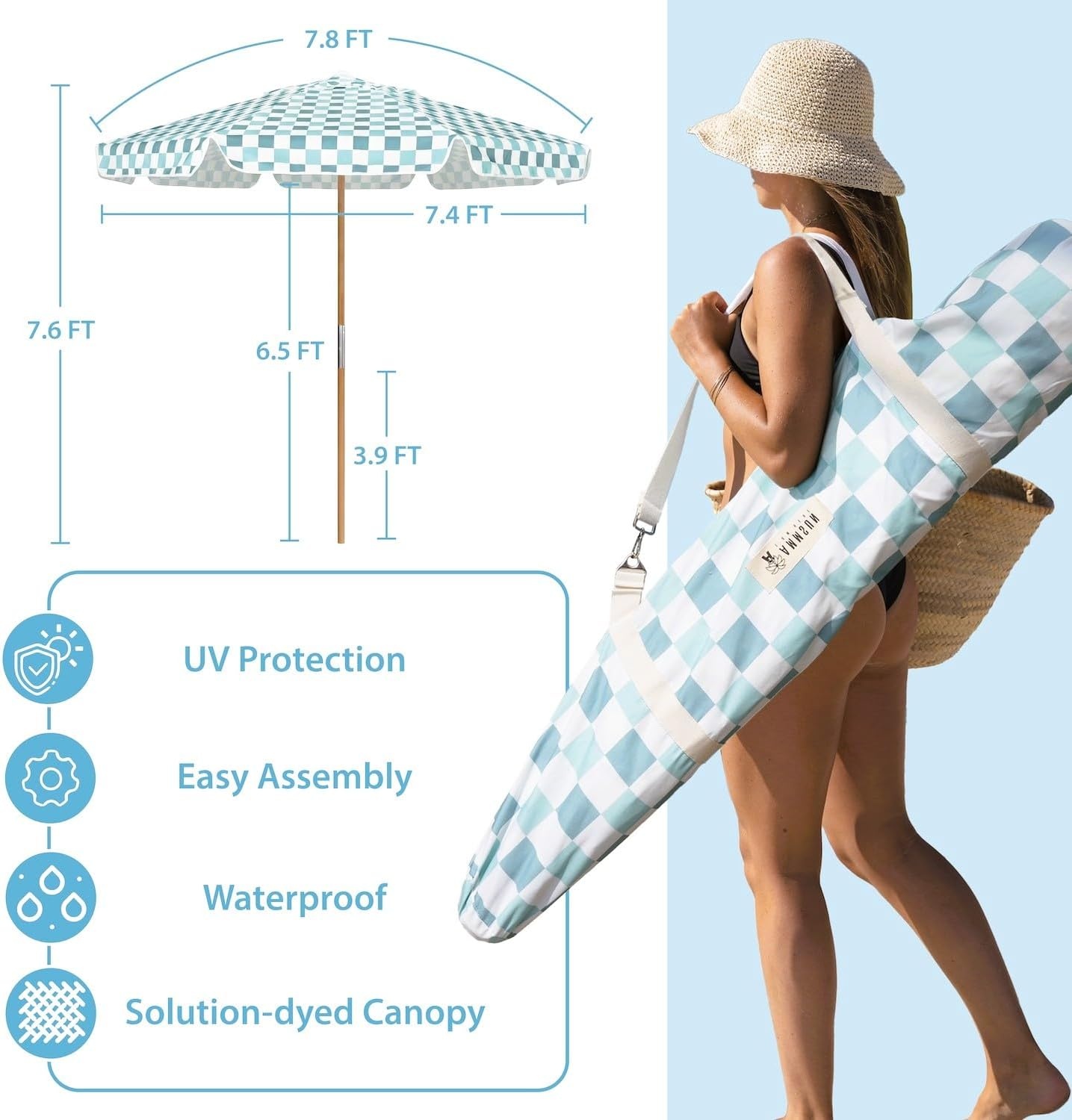 image:imageAMMSUN 78FT Outdoor Patio Umbrella Boho Wood Pole Market Table Umbrella HeavyDuty Build Quality UPF 50 Sun Protection and Waterproof Canvas HandCrafted Ash Wood Pole Air Vent a Carry BagGreen Plaid