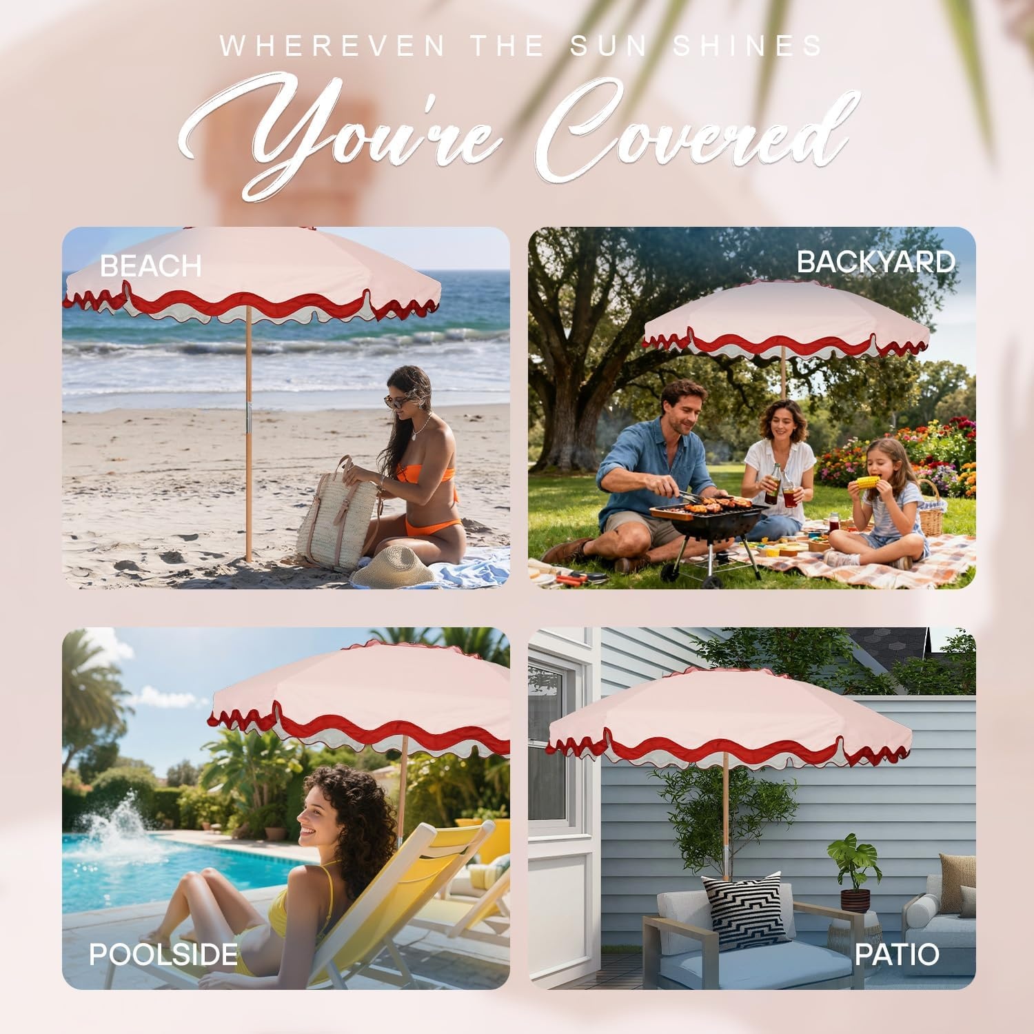image:imageAMMSUN 78FT Wood Outdoor Patio Umbrella Boho Beach Market Table Umbrella HeavyDuty Frame Natural Ash Wood Pole Durable UPF 50 Sunproof and WaterResistant Canvas Air Vent Carry Bag IncludedBlush Coral