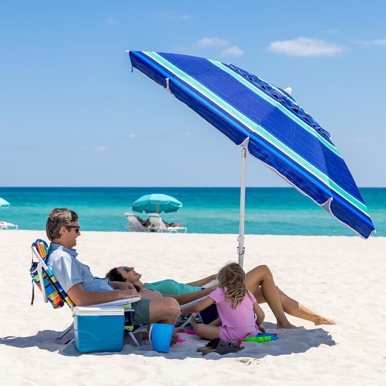 image:imageAMMSUN 8 Feet Large Beach Umbrella with Sand Anchor Heavy Duty High Wind Portable Outdoor Umbrellas UV 50 Protection Air Vent Tilt Patio Garden PoolBlue Stripe