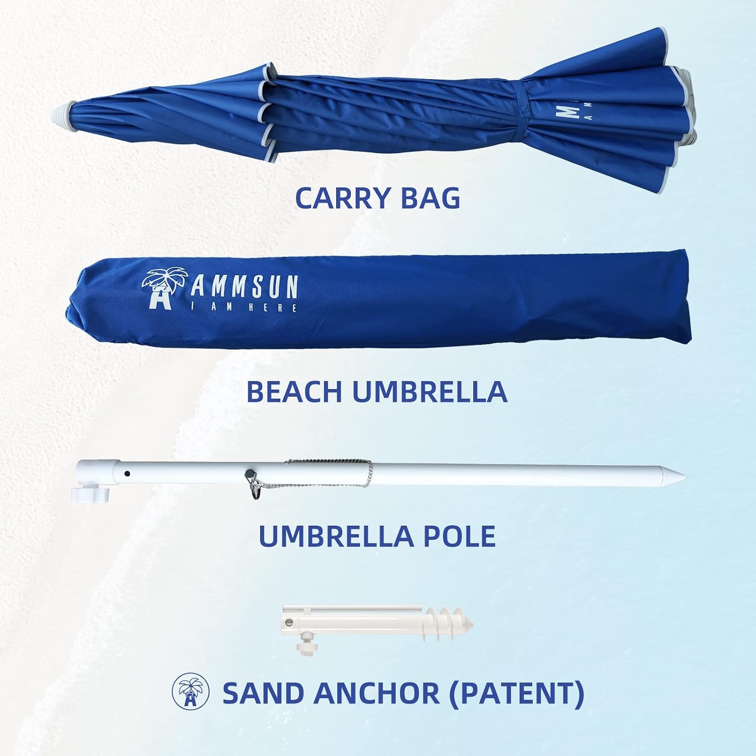 image:imageAMMSUN 8 Feet Large Beach Umbrella with Sand Anchor Heavy Duty High Wind Portable Outdoor Umbrellas UV 50 Protection Air Vent Tilt Patio Garden PoolBlue