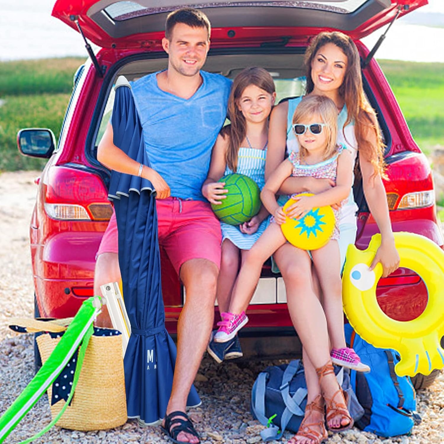 image:imageAMMSUN 8 Feet Large Beach Umbrella with Sand Anchor Heavy Duty High Wind Portable Outdoor Umbrellas UV 50 Protection Air Vent Tilt Patio Garden PoolBlue