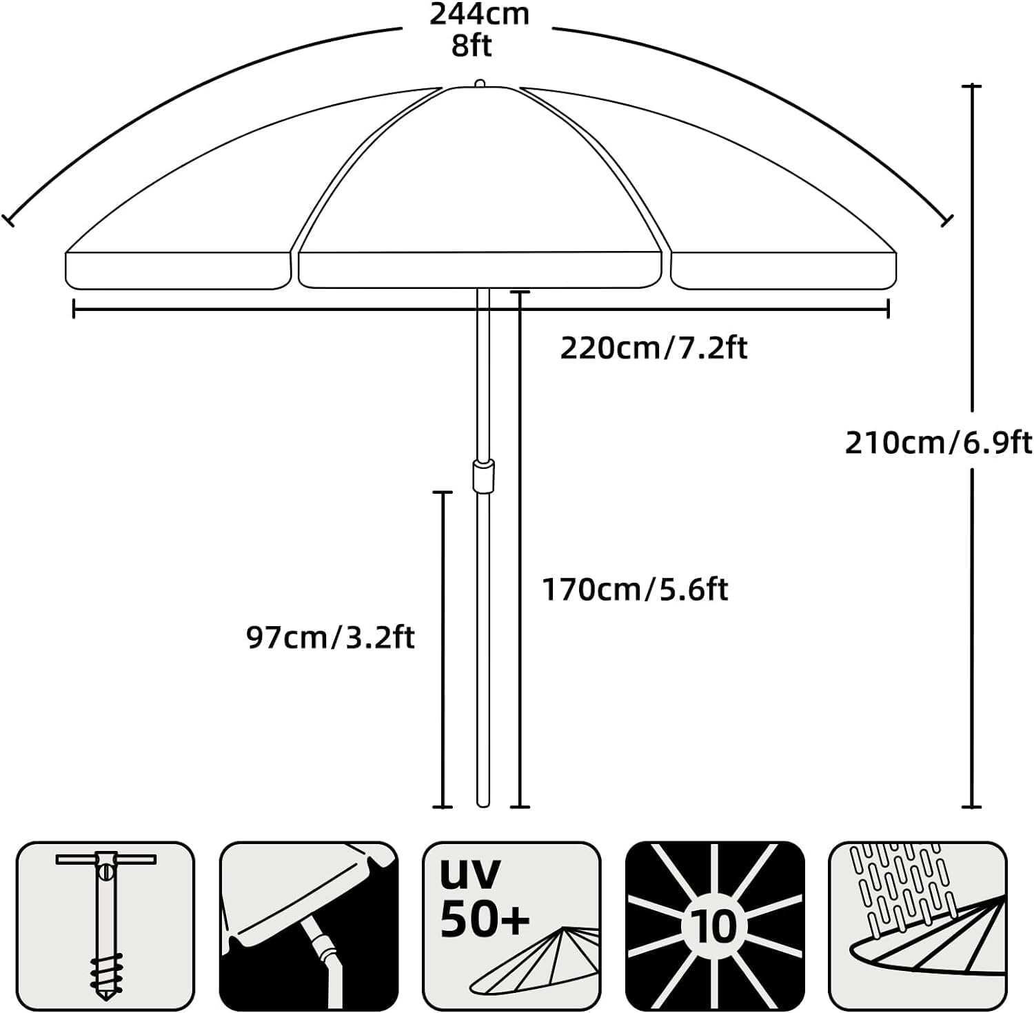 image:imageAMMSUN 8 Feet Large Beach Umbrella with Sand Anchor Heavy Duty High Wind Portable Outdoor Umbrellas UV 50 Protection Air Vent Tilt Patio Garden PoolCream Khaki