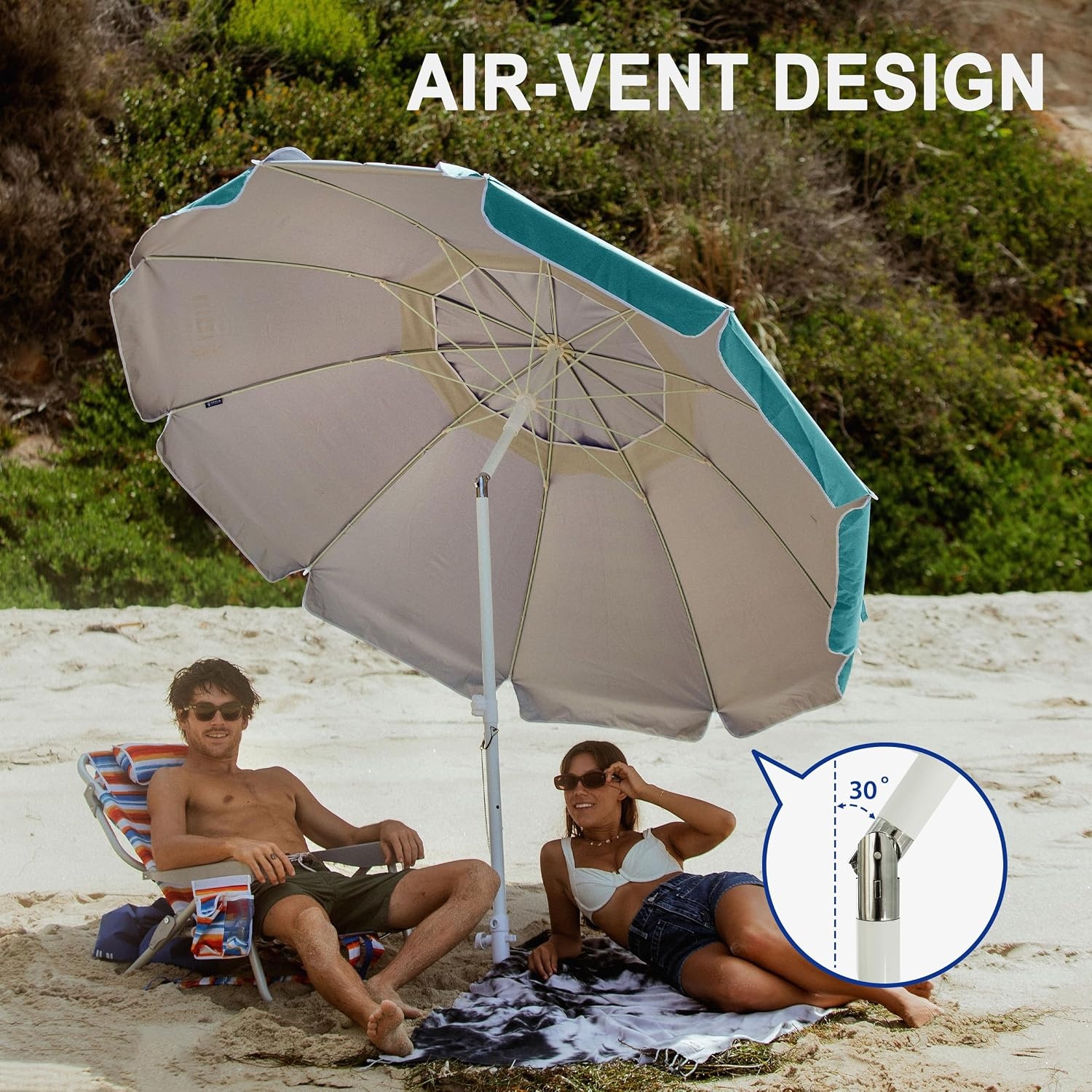 image:imageAMMSUN 8 Feet Large Beach Umbrella with Sand Anchor Heavy Duty High Wind Portable Outdoor Umbrellas UV 50 Protection Air Vent Tilt Patio Garden PoolTeal